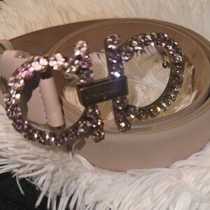 Salvatore Ferragamo Tan and Pink Belt with Crystal Buckle